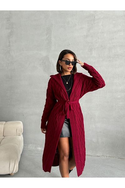 Nosia Color Hooded and Belted Patterned Long Knitwear Cardigan - Standard Size