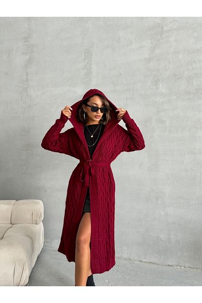 Nosia Color Hooded and Belted Patterned Long Knitwear Cardigan - Standard Size