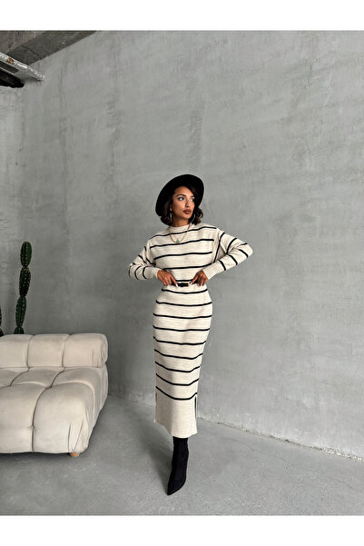 Lusin Трикотажне жіноче плаття в смужку з довгим рукавом кам'яного кольору