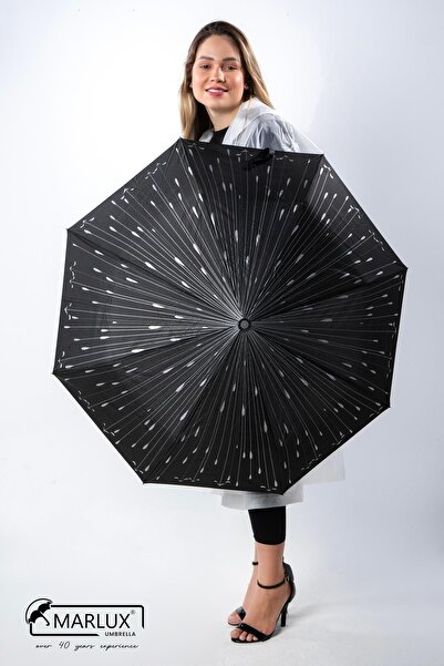 Genel Markalar Pongee Kumaş Siyah Damlalı Tam Otomatik Kadın Şemsiye M21mar71...