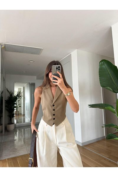 MERVE AKSOY Camel Colored Collar Cut Out Vest
