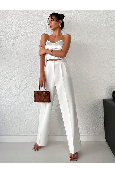 Bufalo Beige Wide Leg Pleated Woven Trousers - Straight Cut