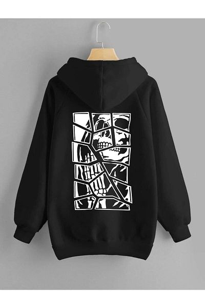 ufukmoda Black Skull Skull Back Printed Oversize Hooded Sweatshirt
