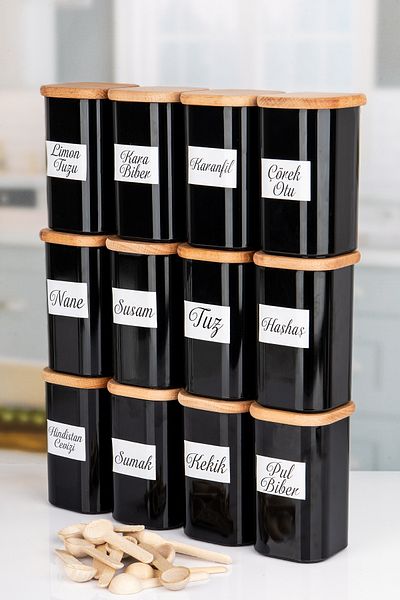 Lizzy 250 ml Vacuumed Bamboo - 12-Piece Black Acrylic Set with Wooden Lid and Spoon with Label Gift