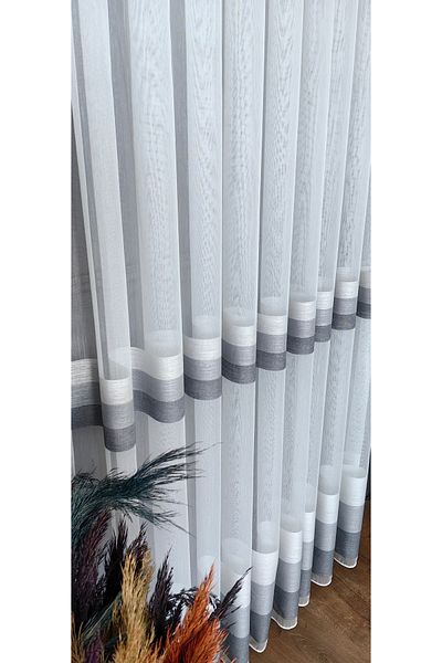 Yuka 1/3 Close Pleat Gray Anthracite Horizontal Striped Ecru Tulle Curtain - Non-Wrinkle Ironing