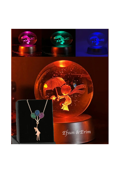 keyfim shop Küçük Prens 3d Renkli Işıklı Cam Küre Hediyelik VE Uçan Balonlu K...