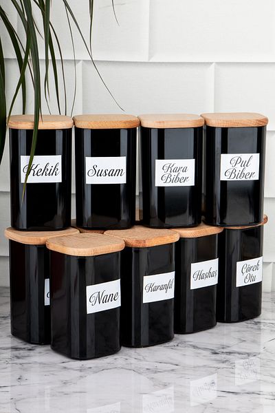 DNS HOME 250 ml Vacuumed Bamboo - Black Acrylic Spice Bowl Set with 12 Labels as a Gift