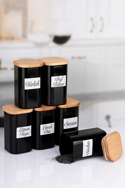 Lizzy 250 ml Vacuumed Bamboo - Black Acrylic Spice Bowl Set with 6 Labels as a Gift