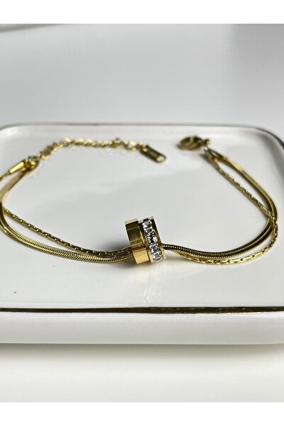 Poison Accessories Halka detaylı çift zincir zirkon taşlı gold çelik bileklik