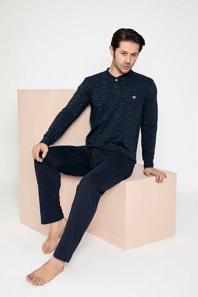 pijamakeyfi Men's Pajama Set Sleeve Cuff Detail - Long Sleeve - Crew Neck - Collar Buttoned Pajama Set