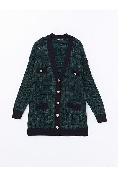 LC Waikiki Lcwaikiki Classic Green V-Neck Plaid Women's Knitwear Cardigan