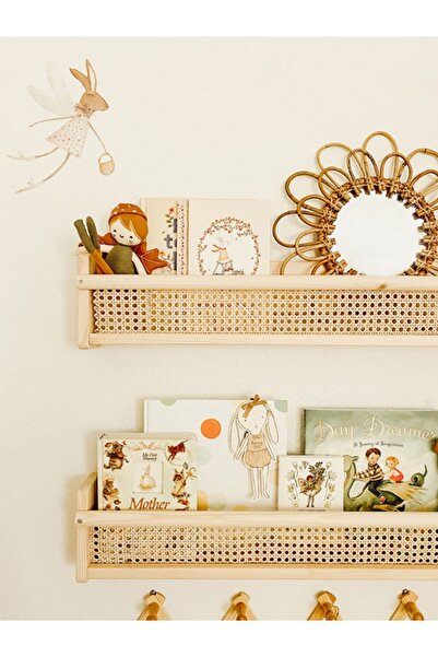 metre dizayn Ahşap Hazeran Rattan Duvar Rafı Şık Çocuk Odası Montessori Kitaplık