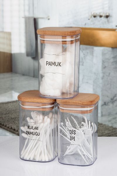 Lizzy 3-Piece Transparent Cotton Ear and Acrylic Floss Jar Set with Wooden Lid