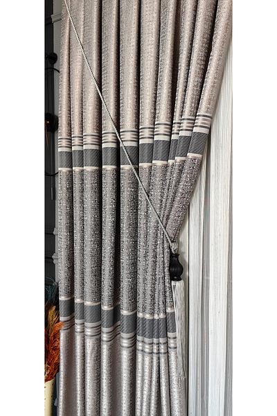 Yuka Curtain Grey Mink Board Backdrop - Anthracite Stripe, Single Wing, Close Pleated Jacquard Glossy
