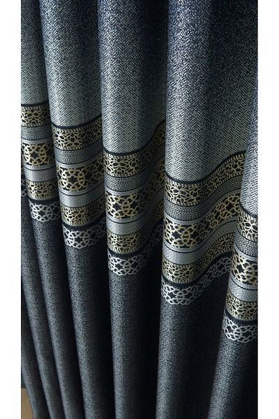 Yuka Navy-Grey Geometric Patterned Jacquard Panel Background - Single Wing, Stripe and Close Pleated
