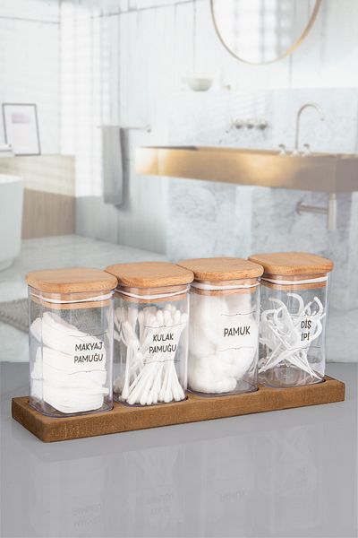 Lizzy 4-Piece Transparent Ear Cotton Jar with Wooden Lid, Stand, Makeup and Floss Acrylic
