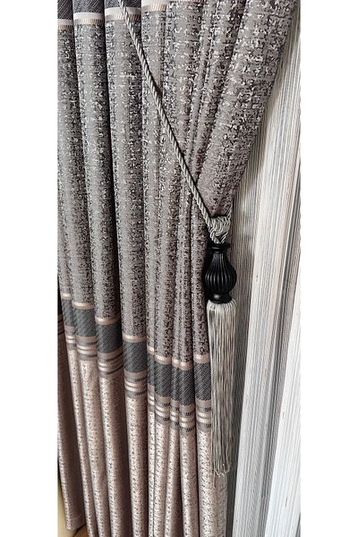 Yuka Curtain Grey Mink Board Backdrop - Anthracite Stripe, Single Wing, Close Pleated Jacquard Glossy