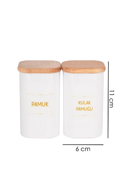 Lizzy White Ear Cotton - 2-Piece Cotton and Make-Up Acrylic Floss Jar with Wooden Lid