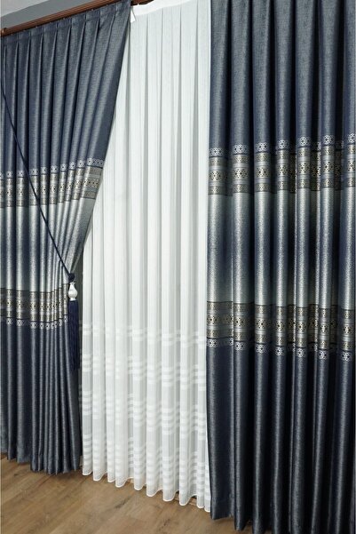 Yuka Navy-Grey Geometric Patterned Jacquard Panel Background - Single Wing, Stripe and Close Pleated