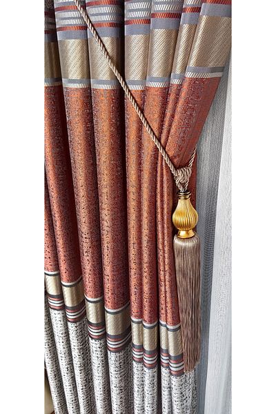 Yuka Fundal cu panou strălucitor - perdea, gresie maro, dungi aurii, o singură aripă, jacquard strâns plisat