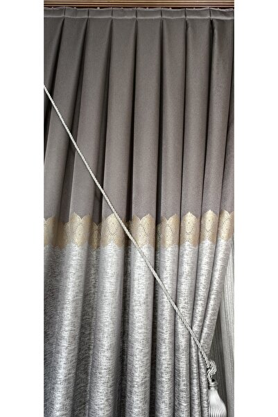 Yuka Light Gray Jacquard - Single Wing Shiny Board Background Curtain with Gold Stripe and Tight Pleats