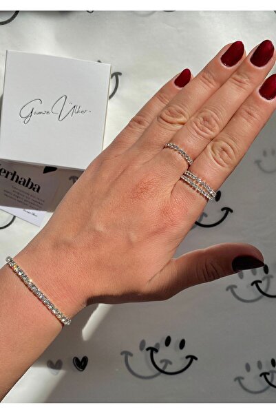 GAMZE طقم خاتم وسوار من الفولاذ مكون من 3 قطع من حجر الزركون (مع إطارات)