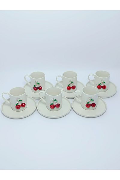 PARILTI HOME COLLECTİON 6-Piece Coffee Cup Set - Cherry Detail