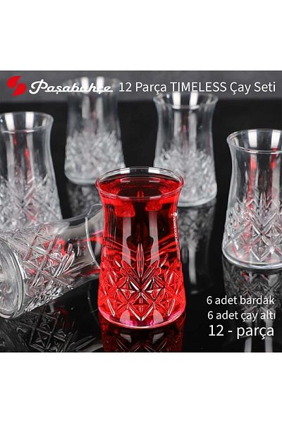 Paşabahçe Timeless Tea Cup and Saucer Set for 12 People, 24 Pieces