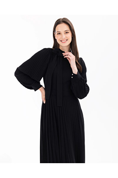 SEÇİL Black Pleated Women's Dress - with Tie Detail