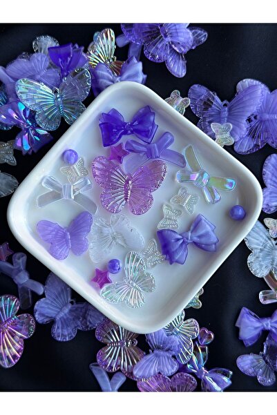 Bijumix Aksesuar 25 Adet Şeffaf Mor Beyaz Hareli Janjanlı Parlak Charm Karışı...