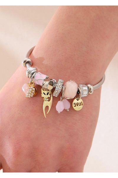 Duke Nickle Silver Colored Pink Charm Bracelet - Modern Design, Heart and Cat Figure with Stone Detail