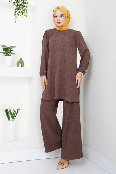 ModaMerve Hijab Set 14685Znk903-M Brown - Elastic Cuff