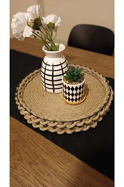 DİLAY HOME DESIGN Dekoratif Jüt Hasır Metal Tel Örgülü Tepsi Sunumluk Kahve Tepsisi