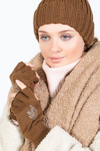 POSUSS Women's Fingerless Gloves with Stone Detail - Brown - Ps3105