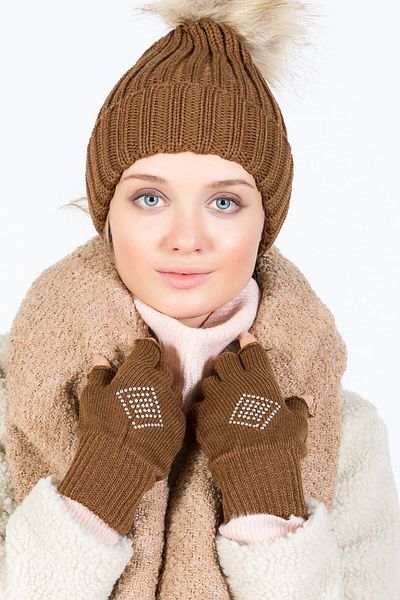 POSUSS Women's Fingerless Gloves with Stone Detail - Brown - Ps3104