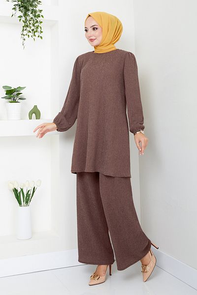 ModaMerve Hijab Set 14685Znk903-M Brown - Elastic Cuff