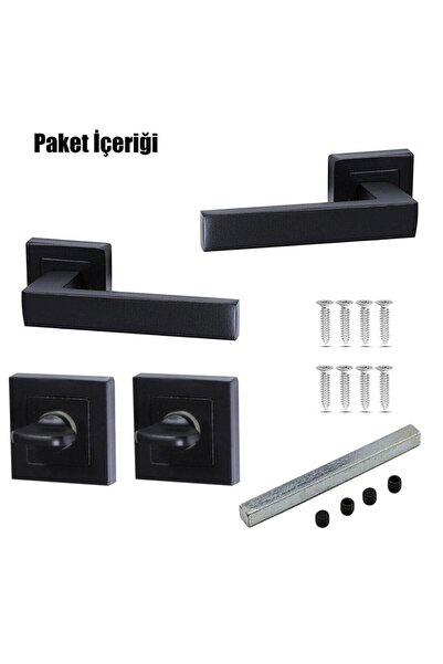 Merkezoğlu Mat Siyah Kare Rozetli WC Kapı Kolu Seti – 1 Takım Arkalı / Önlü – Alüminyum Dayanıklı