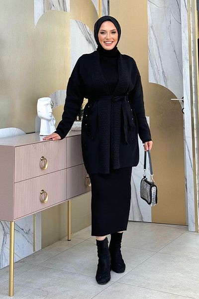 Bym Fashion Μαύρη πλεκτή ζακέτα - Λεπτομέρεια από πέτρα, ζώνη μέσης, σχέδιο 12044