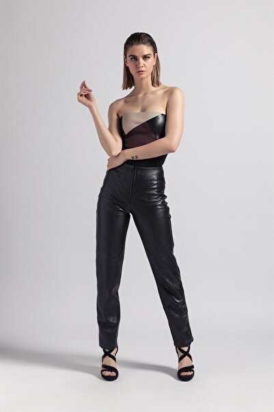 Deriderim High Waist Lined Black Women's Leather Pants - Zippered and Pocketless