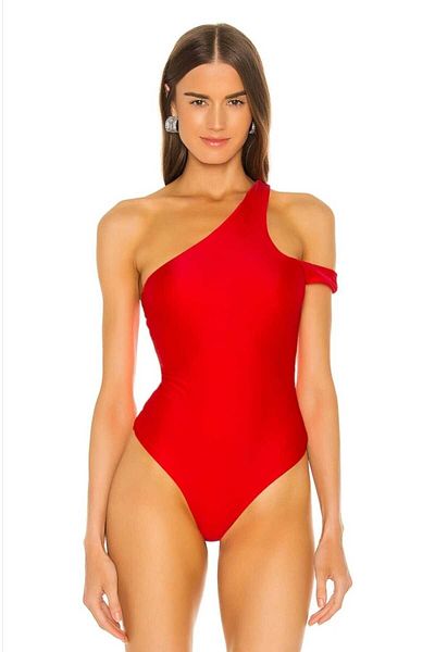 Zagrep Red Single Shoulder Collar Detailed Silk Jersey Women's Bodysuit