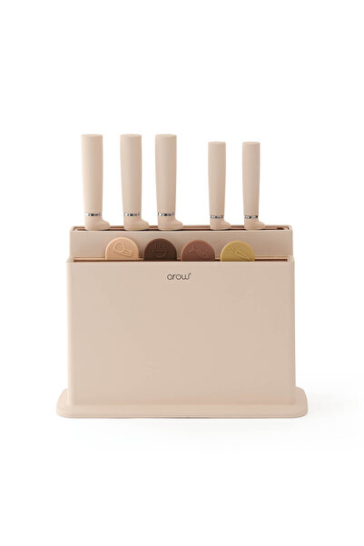 AROW Vanni Bıçaklı Ve Standlı Kesme Tahtası Seti - Krem - 36,5x32 Cm