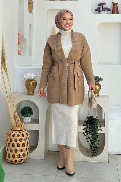 Bym Fashion Ζακέτα πλεκτά βιζόν - με μοτίβο, λεπτομέρεια από πέτρα και ζώνη μέσης 12044