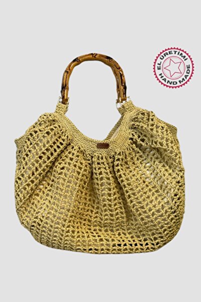 Uretti - Nuran 9092 El Yapımı Bambu Saplı Kağıt İp Çanta 33cm - Kahverengi