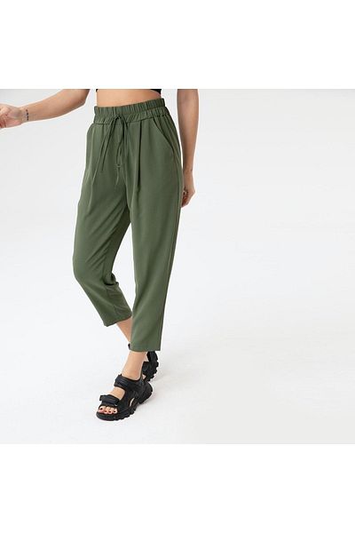 Puane Women's Elastic Waist Lace up Aerobin Carrot Cut Khaki Colored Trousers 18102