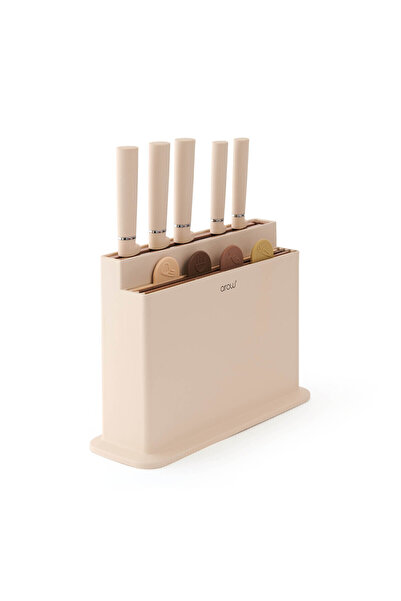AROW Vanni Bıçaklı Ve Standlı Kesme Tahtası Seti - Krem - 36,5x32 Cm