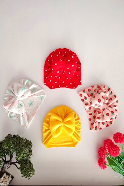 dubi baby kız bebek renkli desenli fiyonklu 4'lü bebek bone takımı