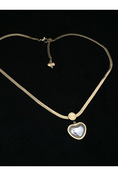 MEG'S STORE Orijinal Çelik Italyan Ezme Zincir Kalpli Sedefli Kolye Kararmaz