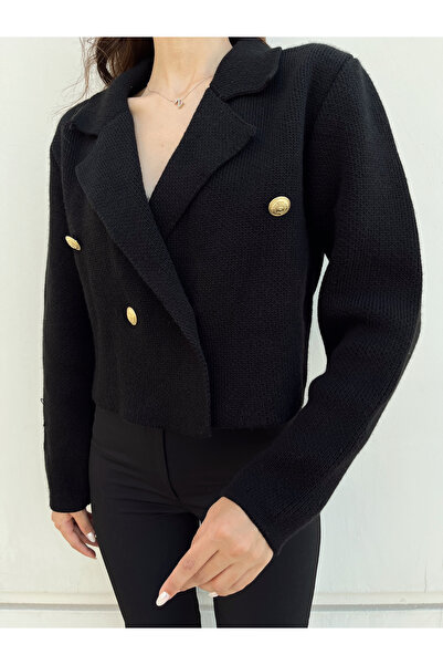 Puella Γυναικείο πλεκτό με χρυσά κουμπιά Crop Cardigan Black Blazer Jacket