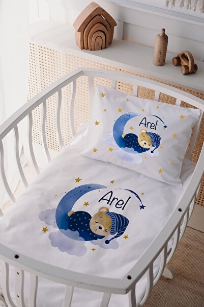 Lilabio %100 Pamuk Saten Isme Özel Isimli Anne Yanı Beşik Nevresim Takımı Ayıcık