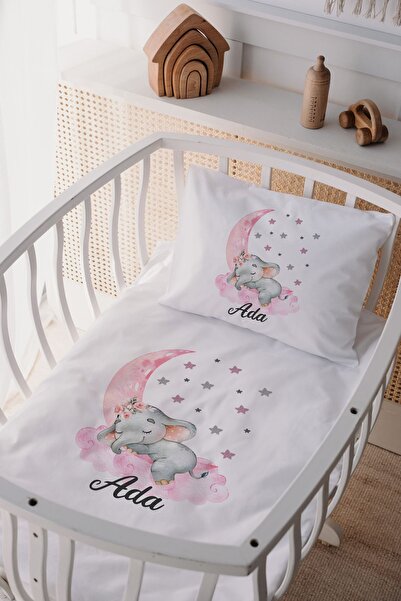 Lilabio %100 Pamuk Saten Isme Özel Isimli Anne Yanı Beşik Nevresim Takımı Fil